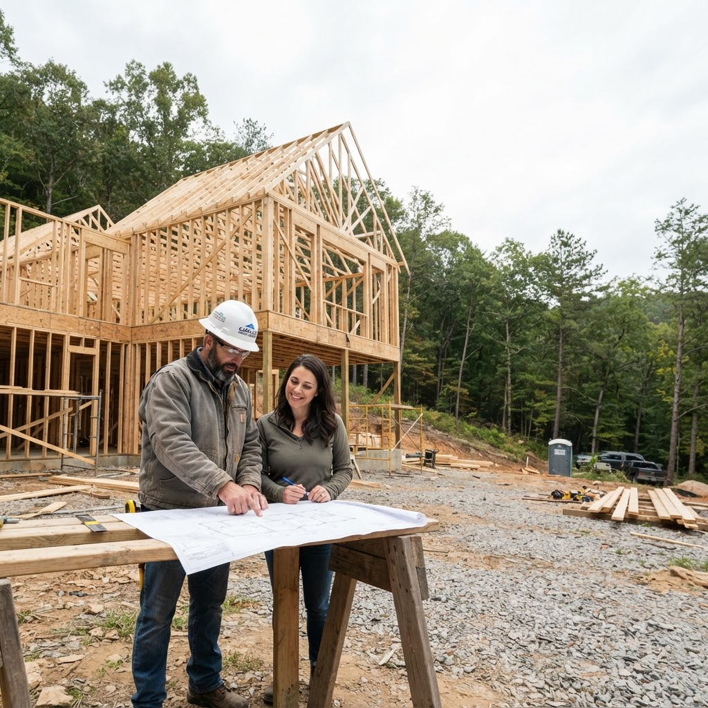 A builder and borrower reviewing house plans in front of a residential home under construction