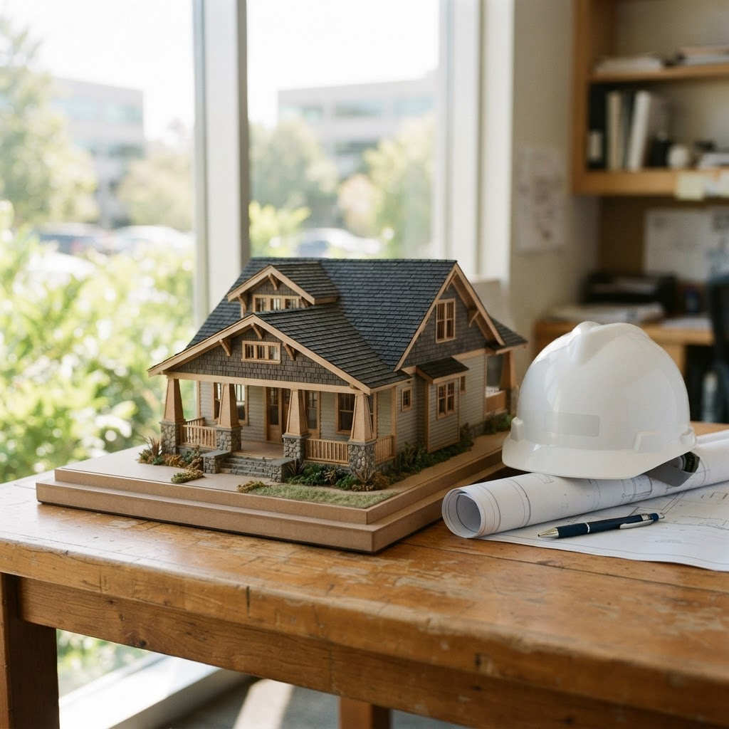 A scale model of a craftsman-style home beside a hard hat and architectural blueprints on a desk