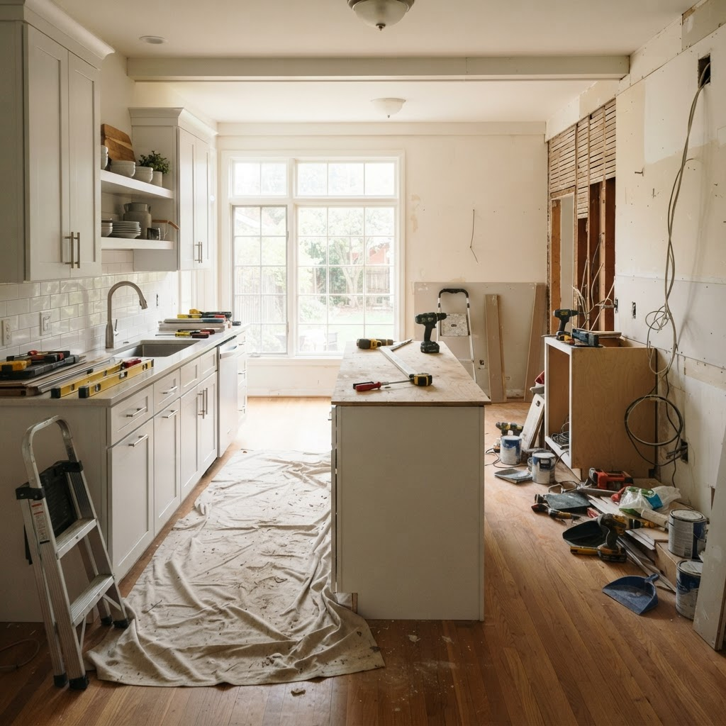 The interior of an existing home being renovated, with newly installed kitchen cabinetry, tools, and a step ladder