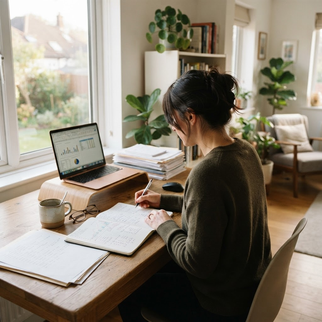 A self-employed borrower reviewing financial documents and a laptop at a home office desk